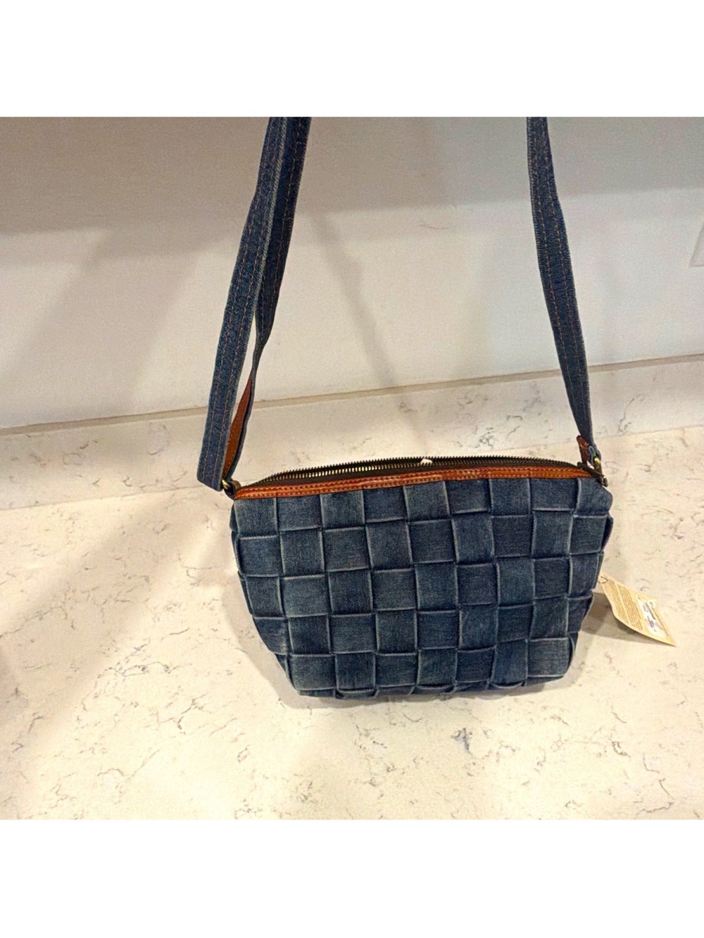 Patricia Nash Denim Stonewashed Blue Shoulder Bag Zip Bronze Hardware Strap